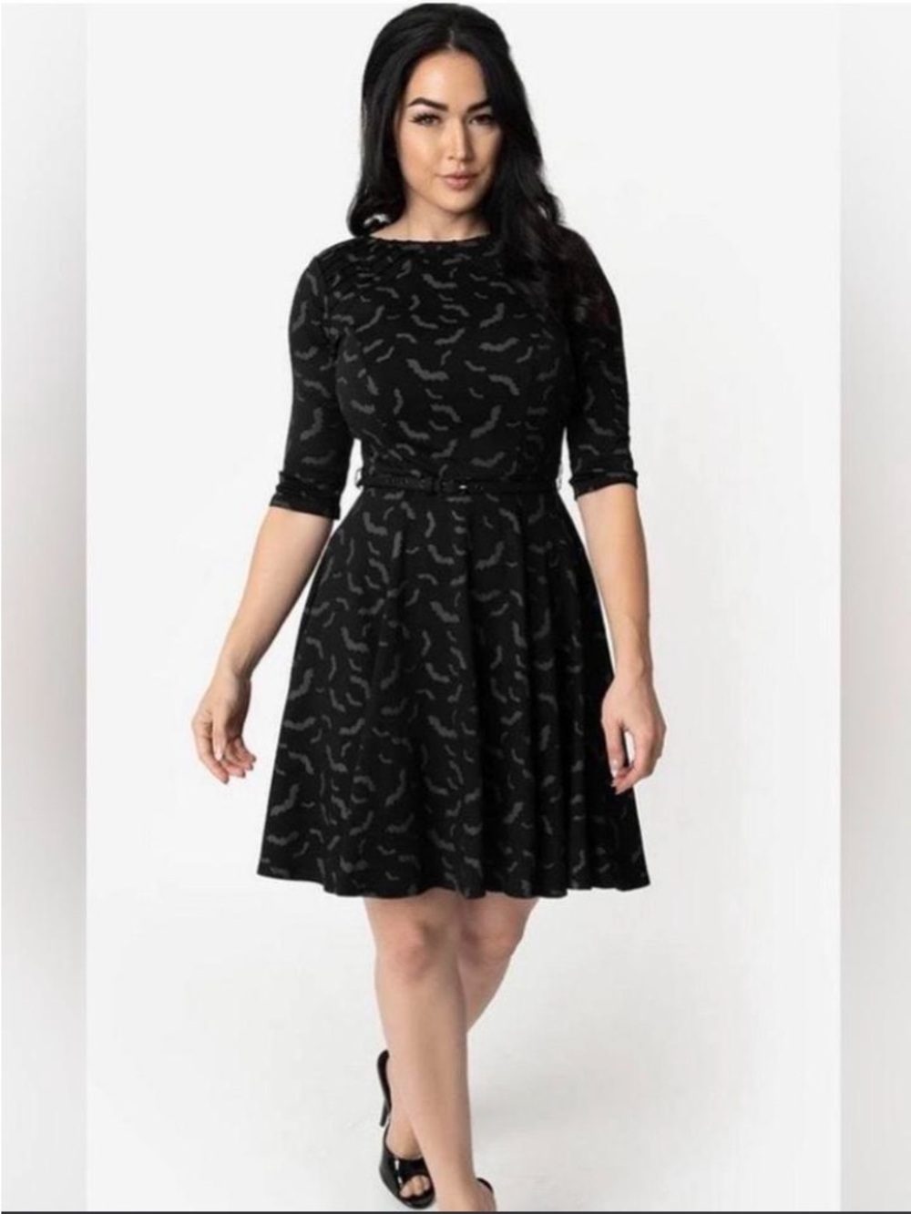 Unique Vintage black and grey bats print half sleeve fit and flare dress